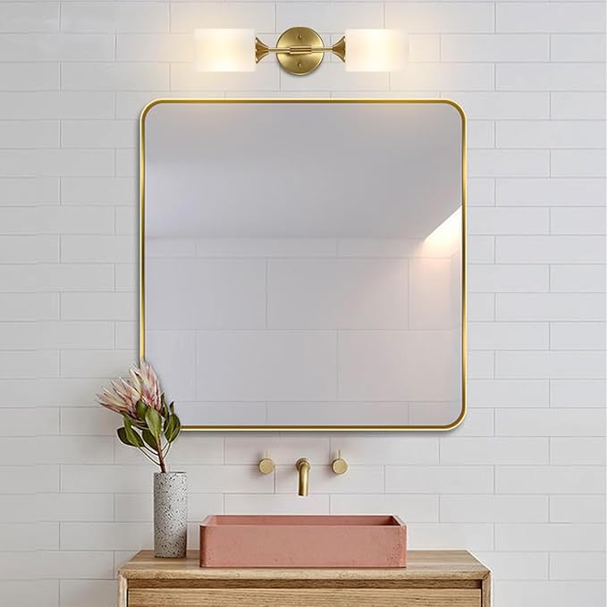 2-Lights Gold Wall Sconce with White Cylinder Glass Shades Modern Mid Century Bathroom Vanity Wall Light Fixtures Industrial Brushed Brass Wall Lamp for Bedroom Mirror Living Room Restaurant