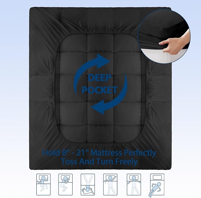 ELEMUSE Full Black Cooling Bamboo Viscose Mattress Topper for Back Pain, Extra Thick Mattress Pad Cover, Plush Soft Pillowtop with Elastic Deep Pocket, Overfilled Down Alternative Filling