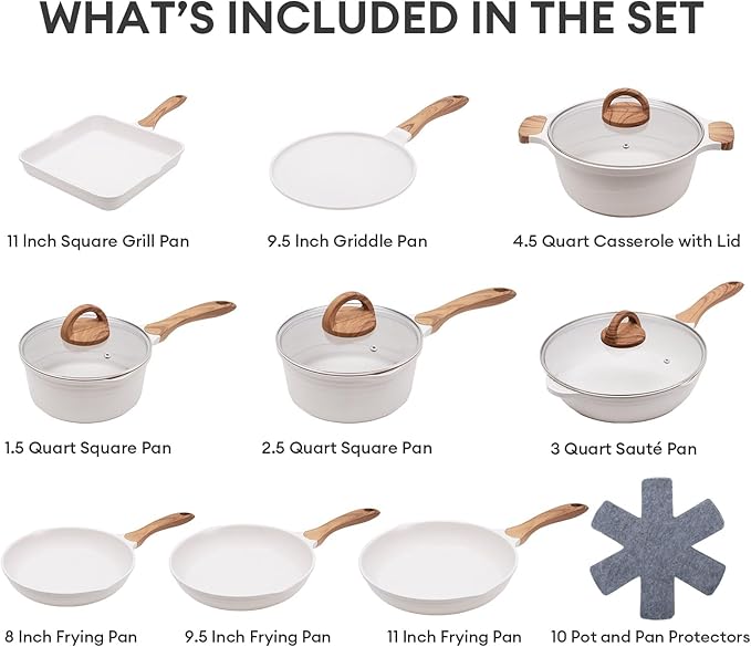 JEETEE 23pcs Pots and Pans Set Non Stick, White Cookware Sets for Kitchen, w/Frying Pans, Saucepans, Sauté & Griddle & Crepe Pan, Induction Cooking Pots (PFOA/PFAS/PFOS Free)