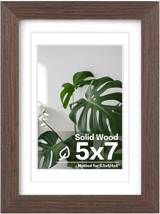 Egofine 5x7 Picture Frame Made of Solid Wood with Plexiglass, Display Pictures 3.5x5/4x6 with Mat or 5x7 Without Mat for Tabletop and Wall Mounting, Rustic Brown