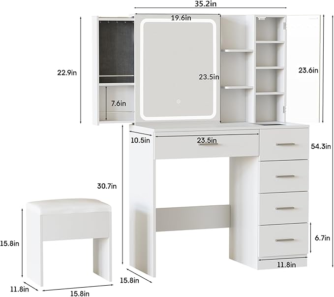 Fameill White Vanity Desk with Mirror and Lights,Makeup Vanity Table Set with Power Strip and Sliding Locker,Visual Drawer Dressing Table with 5 Drawers&Shelves&Cabinet,3 Lighting Modes