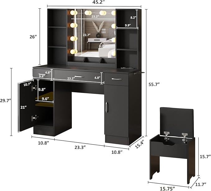 Vabches Makeup Vanity Table with Lighted Mirror & Power Strip, Large Vanity Set Vanity Desk with Lots Storage, 3 Lighting Modes, Brightness Adjustable, 45.2in(Large, Black)