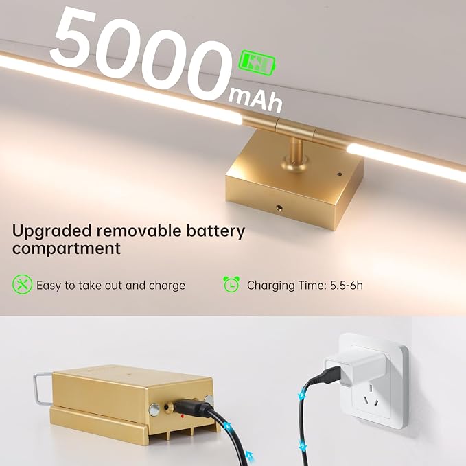 Battery Operated Wall Sconce Set of 2, 5000mAh Rechargeable Wall Sconces with Detachable Battery, Indoor 350°Rotate Wall Lights for Bedroom Living Room, Gold, 31.5 Inch