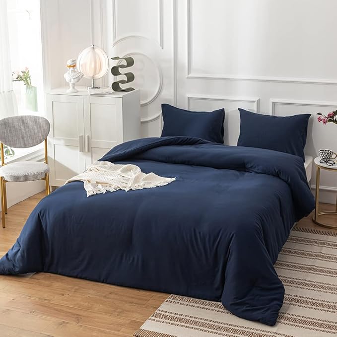 Luxlovery Navy Blue Comforter Set Full Men Boys Dark Blue Bedding Comforter Sets Navy Comfy Soft Blanket Quilts Cozy Breathable Solid Hotel Quality Bedding Comforter Set with 2 Pillowcase