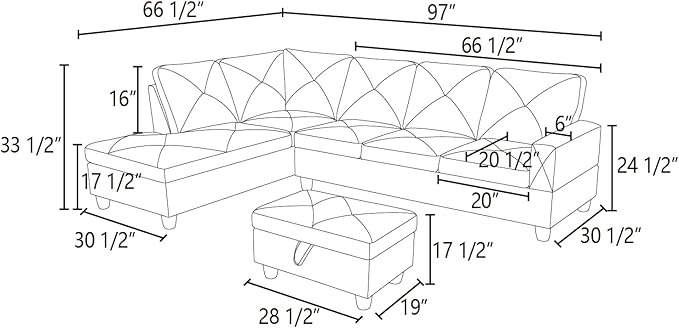 L Shaped Sectional Sofa with Ottoman, Leather Right Facing Modern Couches for Living Room, Bedroom, Office, Ginger Black
