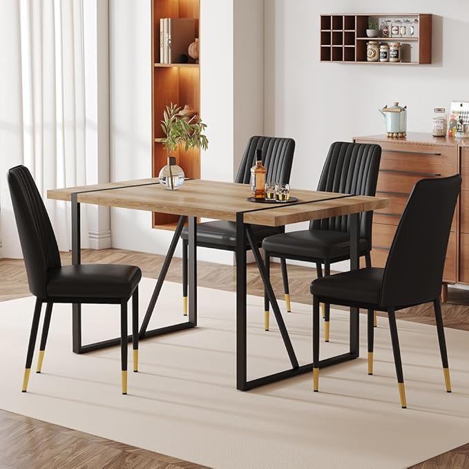 Dining Table Chairs Set for 4, Modern Rectangular Dining Room Table Set PU Leather Upholstered Dining Chairs 55" Dinner Table Set for Kitchen, Dining Room (Dining Table Set for 4, Black)