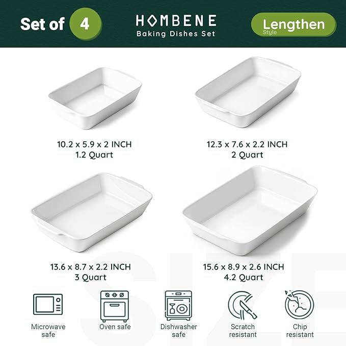 Baking Dish Set for 4, Ceramic Bakeware Sets with Handles, Casserole Dishes for Oven, Kitchen Decor, Microwave Oven Safe (1.2QT/2QT/3QT/4.2QT)