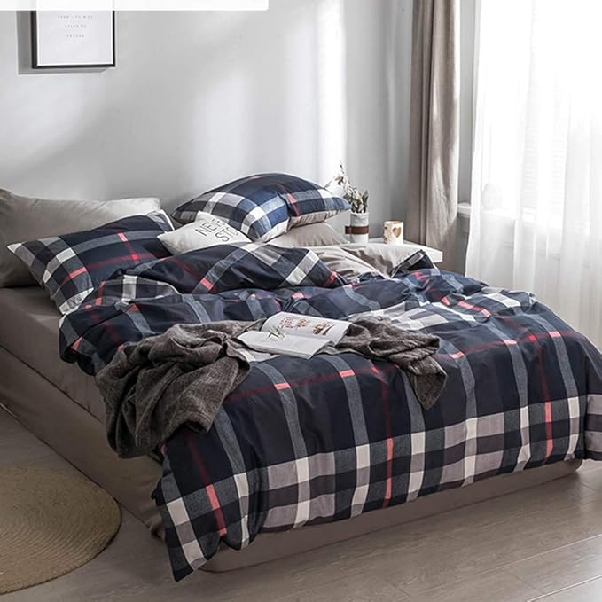 Luxlovery Navy Plaid Comforter Set Queen Navy Blue Buffalo Bedding Set Full Grid Checkered Blanket Quilts Soft Breathable Tartan Dark Blue Comforter Set with 2 Pillowcases