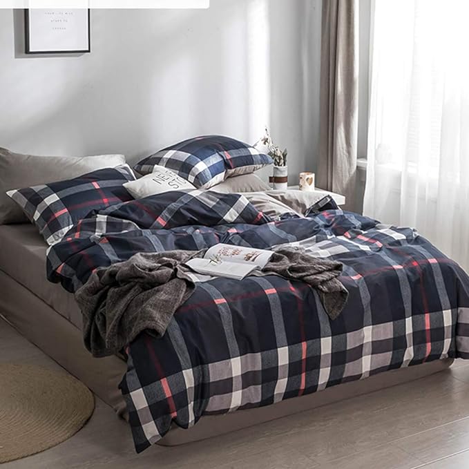 CLOTHKNOW Blue Plaid King Size Comforter Set 3Pcs Tartan Bedding Comforter Sets Soft Blue White Grey Red Comforter with 2 x Pillow Cases