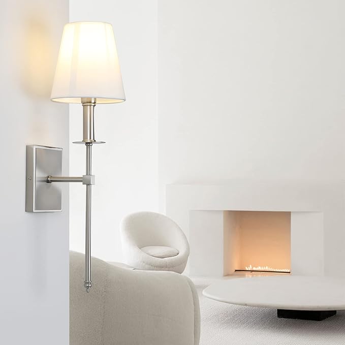 PERMO Set of 2 Classic Rustic Industrial Wall Sconce Lighting Fixture with Flared White Textile Lamp Shade and Brushed Tapered Column Stand