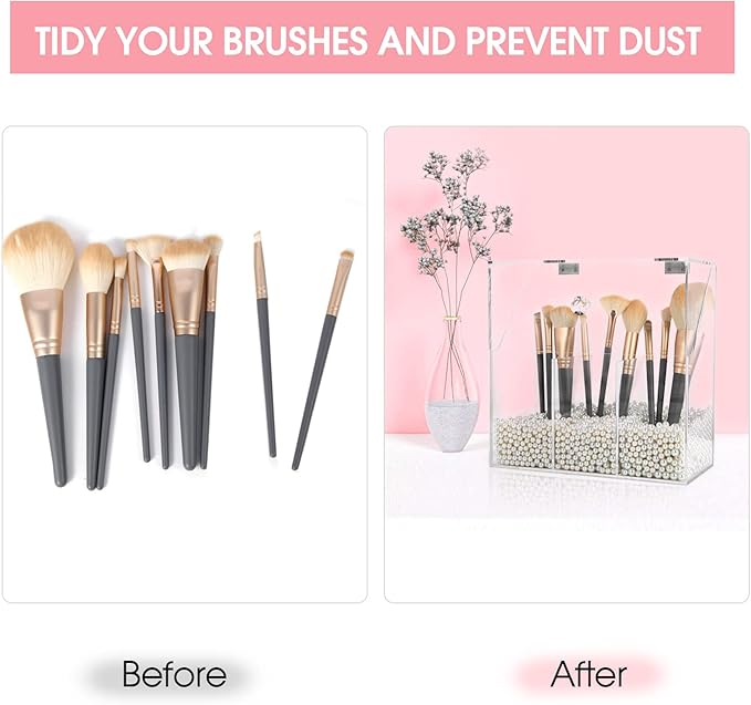 Acrylic Makeup Brush Holder, Clear Cosmetic Storage Box with 3 Brush Holders, Dust Cover, Large-Capacity Split Design for Organizing Vanity Desk