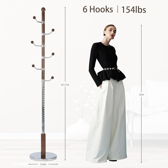 Coat Rack Freestanding, Metal Wooden Coat Tree with 6 Hooks, Heavy Duty Coat Hanger Stand with Resin and Stainless Steel Base, Free Standing Hall Tree for Scarf, Bag, Jacket (Walnut metal)