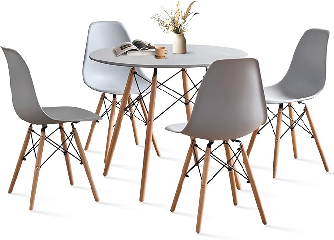 35.5'' 5 Piece Round Dining Table Set for 4, Mid-Century Modern Table with Chairs, Space Saving, Plastic Seats, Wood Legs, Circle Dinner Table for Kitchen, Home, Apartment, Gray