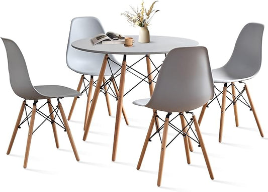 35.5'' 5 Piece Round Dining Table Set for 4, Mid-Century Modern Table with Chairs, Space Saving, Plastic Seats, Wood Legs, Circle Dinner Table for Kitchen, Home, Apartment, Gray
