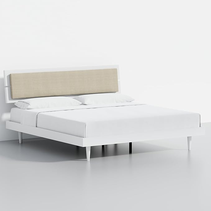 Modern Solid Wood Platform Bed with Adjustable Headboard with Cushion – No Box Spring Needed,Fast Assembly – King Size in White
