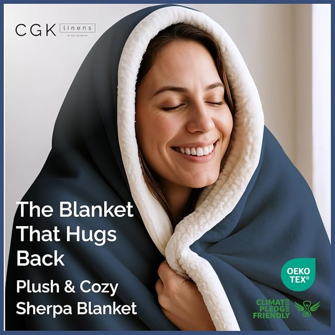 Sherpa Fleece Blanket Throw Size - Reversible Sherpa Fleece Throw Blanket - Super Soft Double Sided for Bed, Sofa, Couch - Thick, Warm, Fuzzy & Plush - Luxurious Bedding for Winter - Navy, 50" x 60"