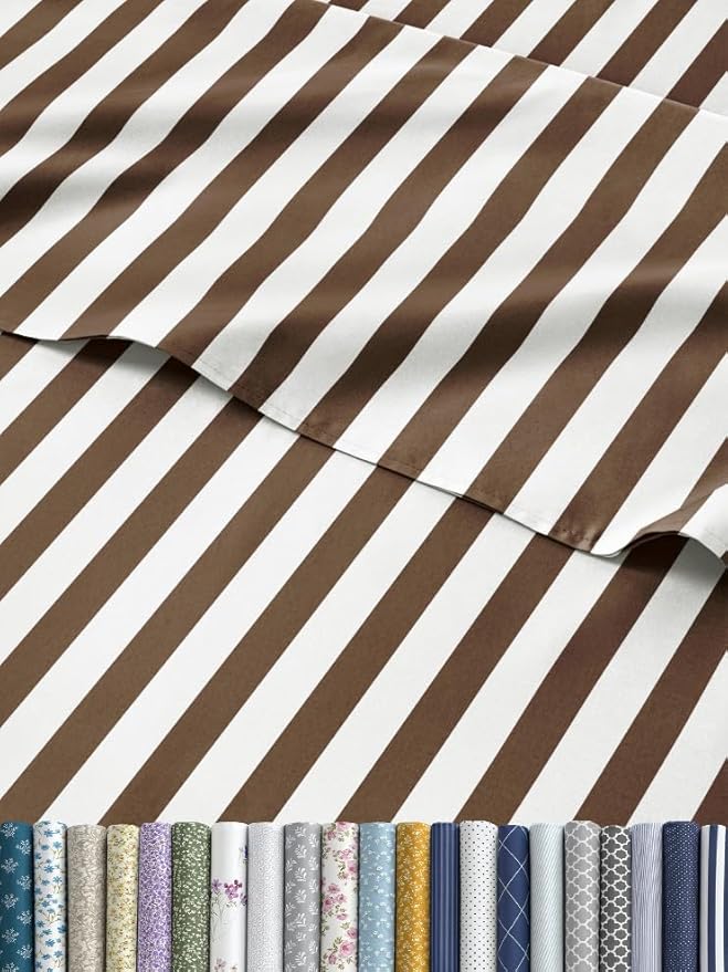 Striped Sheets - Brown Striped Sheets - 1 Flat & 1 Fitted & 2 Pillowcases w/ Deep Pockets – Comfy, Wrinkle & Fade Free - Ultra-Soft, Breathable & Cooling – Luxury Pinstripe Bedding - Full Size Bed Set