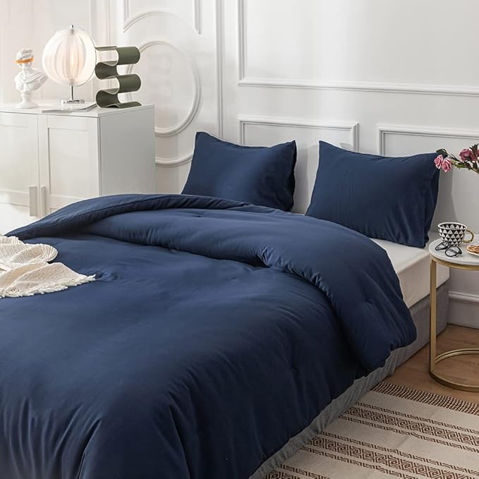 Luxlovery Navy Blue Comforter Set California King Size Navy Bedding Comforter Sets Comfy Soft Dark Blue Blanket Quilts Lightweight 3 Piece Bedding Set for Adults Cal King Size Bed