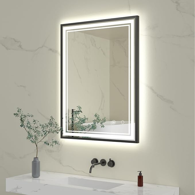 24" x 32" LED Bathroom Mirror with Lights Black Framed LED Mirror for Bathroom Lighted Bathroom Mirror Backlit and Front Black Aluminum Frame Anti-Fog Dimmable Vanity Adjustable Memory