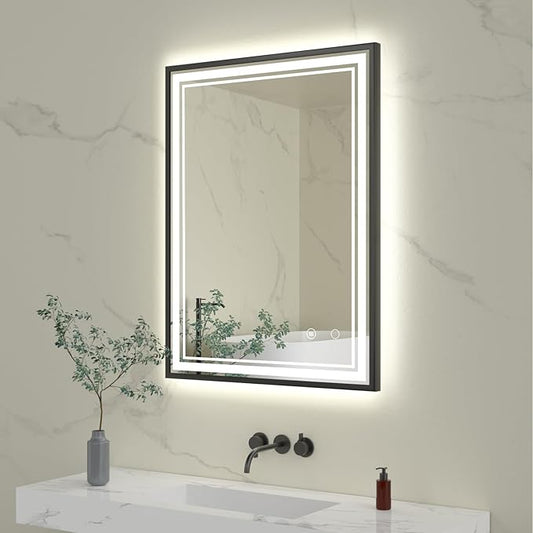 24" x 32" LED Bathroom Mirror with Lights Black Framed LED Mirror for Bathroom Lighted Bathroom Mirror Backlit and Front Black Aluminum Frame Anti-Fog Dimmable Vanity Adjustable Memory