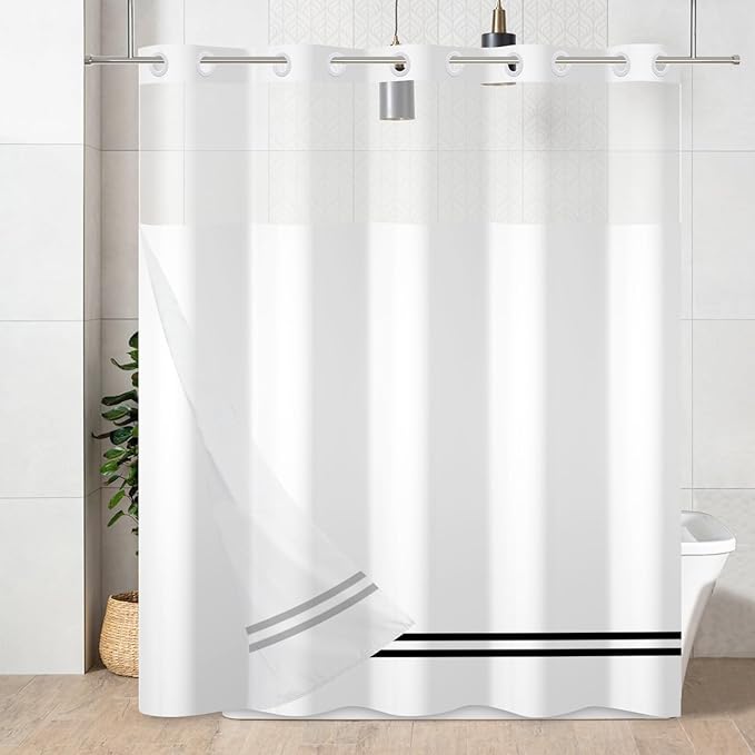 No Hook Shower Curtain with Snap in Liner, White and Black Striped Heavy Duty See Through Window Waterproof Machine Washable Bathroom Curtain 71" W x 74" L (Pack of 1)