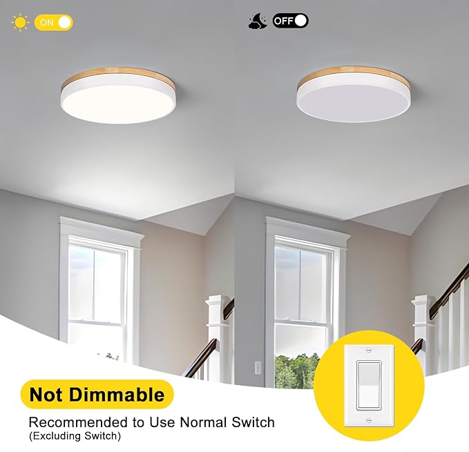 Modern Wood Ceiling Light, White LED Close to Ceiling Lighting Fixtures, Round Flush Mount Ceiling Lamp for Kitchen Bedroom Bathroom Laundry Room Nursery Room Hallway（15.74 Inch）