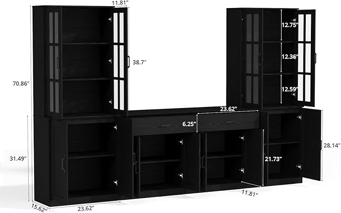 VOWNER 95" TV Stand for TVs up to 75", 4-Piece TV Hutch with Cabinets, Entertainment Center with Bookshelves, Modular TV Console for Living Room (2D+2F 黑)