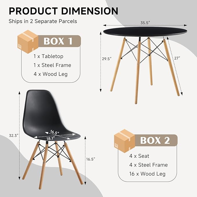 35.5'' 5 Piece Round Dining Table Set for 4, Mid-Century Modern Table with Chairs, Space Saving, Plastic Seats, Wood Legs, Circle Dinner Table for Kitchen, Home, Apartment, Black