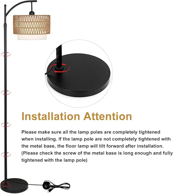 Arc Floor Lamp for Living Room with 3 Color Temperatures, Farmhouse Floor Lamps with Remote & Dimmable Bulb, Boho Standing Lamp with Rattan & Fabric Shades, Adjustable Tall Lamp for Bedroom, Office