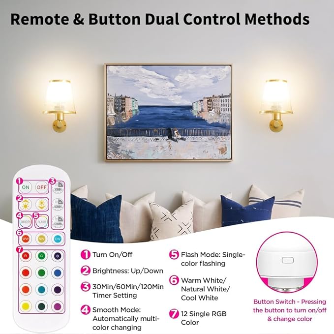 Battery Operated Wall Sconce Set of 2, Gold Rechargeable Wall Lights with Real 2500mAh Dimmable Retachable Bulbs and Remote,12RGB Colors Wireless Battery Sconces for Bedroom Living Room Hallway