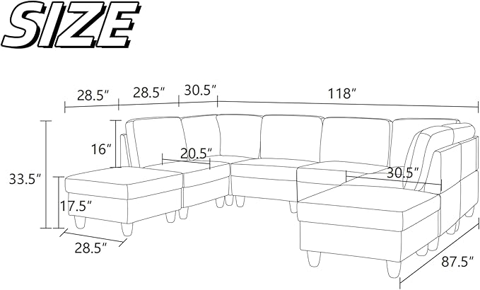 U Shaped Sectional Couch, Convertible Modular Sectional Sofa with Ottomans, 8 Seat Comfy Corner U Shaped Couch Lounge Modern Modular Couches for Living Room Apartment, Grey