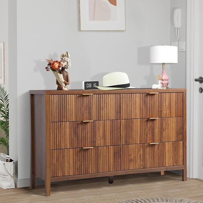 Fluted 6 Drawer TV Stand Dresser for Bedroom, Mid Century Modern Dresser with Drawers, MDF Wooden Chest of Drawers, Fluted Cabinet for Closet Cloth, Living Room, Entryway -Walnut