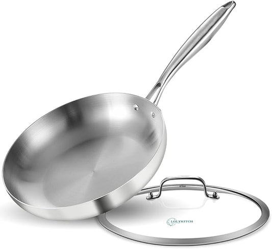 LOLYKITCH 9.5 Inch Tri-ply Stainless Steel Frying Pan with Lid,Skillet,Induction Cooking Pan,Dishwasher and Oven Safe,Riveted Handle.
