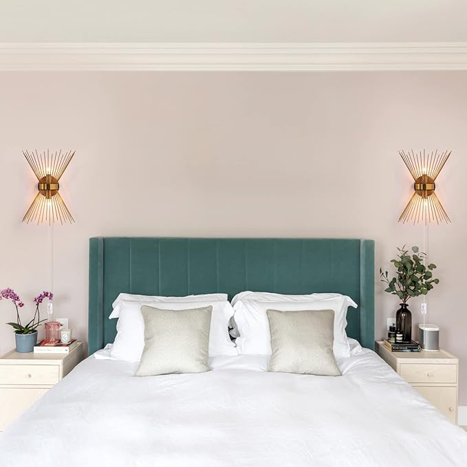 VILUXY Mid-Century Plug in Wall Sconces Antique Brass Brush Paint Finish with Starburst Shade and ON/Off Switch Cord for Bedside, Bedroom, Hallway, Entryway, Passway, Vanity 2 Pack