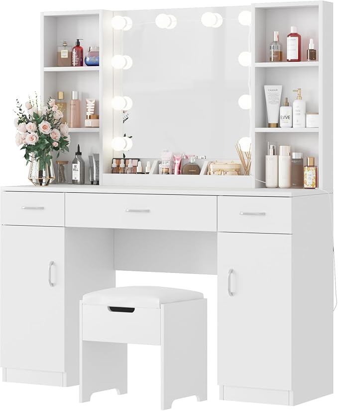 Vabches Vanity Desk with Lighted Mirror, Large Makeup Vanity Table Set with Bench & Cabinets, 45.2inch (W), White