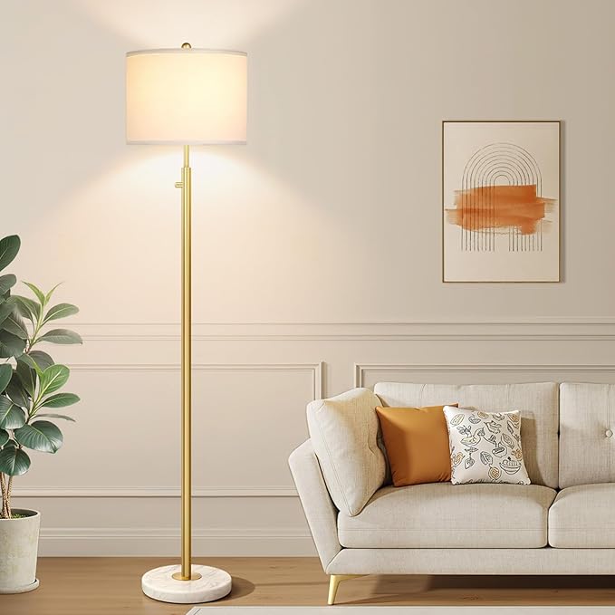 【Upgraded】Dimmable Gold Floor Lamp for Living Room, 11W LED Bulb Included, Modern Standing Lamp with Marble Base, Tall Pole Light with White Linen Shade for Bedroom Reading Office Corner Nursery