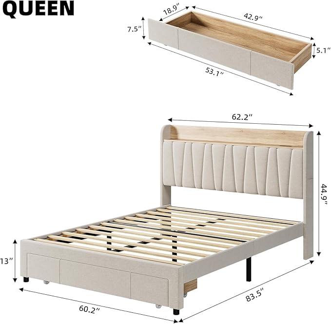 GarveeHome Upholstered Bed Frame with Storage Headboard and Charging Station, Platform Bed Frame with Drawers, Heavy Duty, No Box Spring Needed, Easy Assembly, Beige, Queen Size