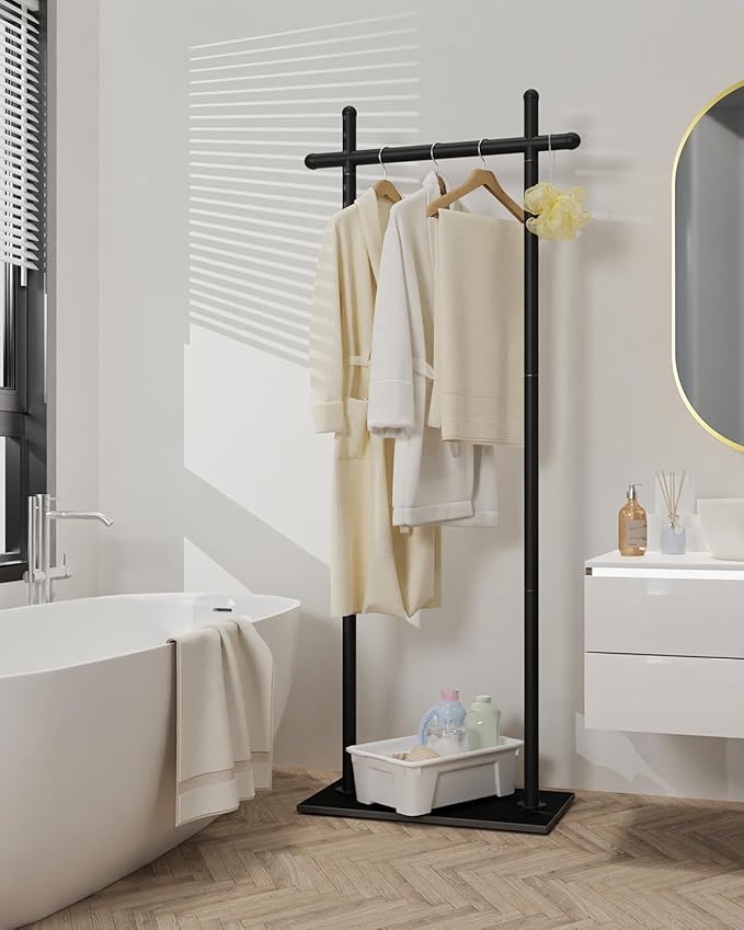 Coat Rack Freestanding with Natural Rock Base, Metal Coat Hanger Stand, Industrial Garment Rack, Clothes Tree for Bedroom Living Room Office To Hang Clothes, Hats, 68.9in, Black