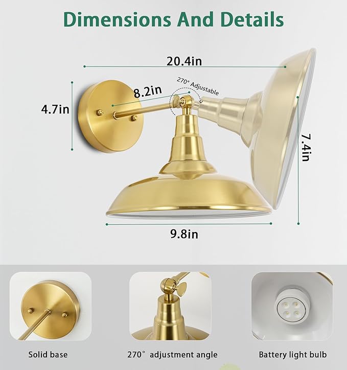 Gold Vintage Battery Powered Wall Sconce Decor Set of 2, Wireless Vintage Wall Sconce with Remote Control, Dimmable LED Wall Light for Bedroom, Hallway, Farmhouse Indoor Wall Sconce