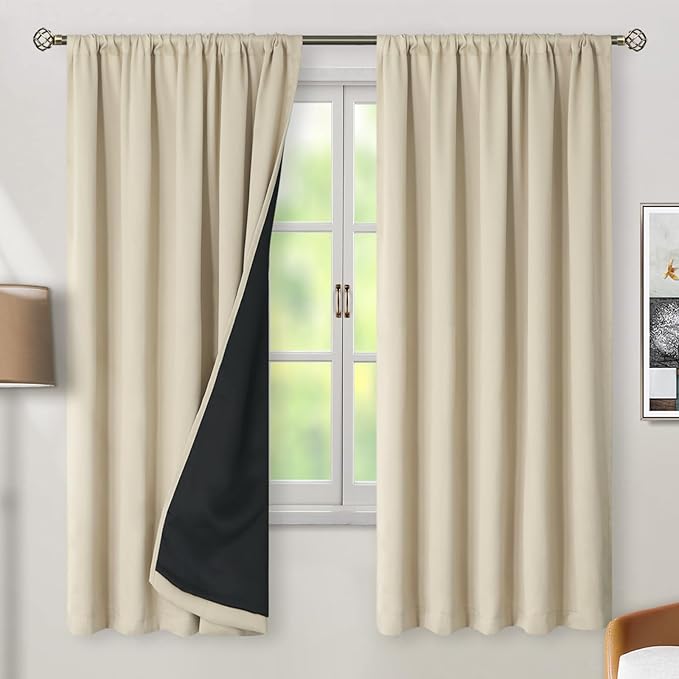 BGment Beige Full Blackout Curtains with Thermal Insulation Liner Curtains 72 Inches Long，Rod Pocket and Back Tab Double Layer Room Darkening Window Curtains for Bedroom(52 x 72 Inch, 2 Panels)
