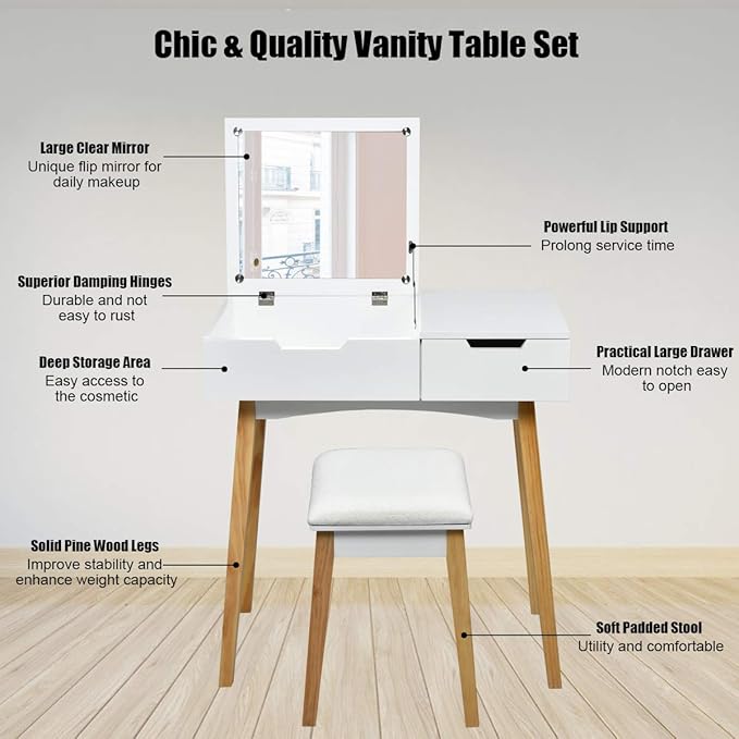 CHARMAID Vanity Table with Flip Top Mirror and Stool, Wooden Makeup Table Writing Desk with Drawer, Storage Compartment, Bedroom White Dressing Vanity Set for Kids Girls Women, Easy Assembly