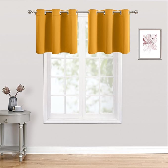 ChrisDowa Small Kitchen Valances for Windows - Grommet Short Thermal Insulated Room Darkening Window Valances Curtains for Living Room (2 Panels, Mustard Yellow, 42 x 18 Inch)