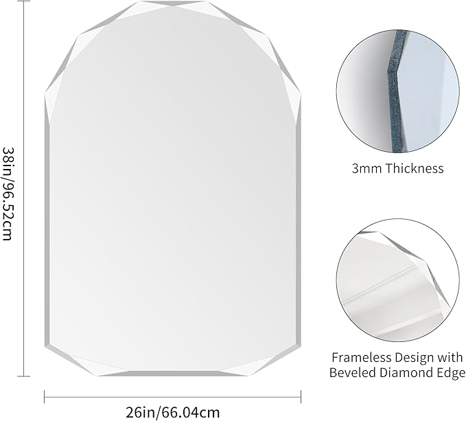 KOCUUY 26"x38" Frameless Mirror, Arched Shape with Diamond-Shaped Beveled Edge,Unframed Decorative with Upgraded Shatterproof Glass,Unique Frameless Mirror for Bathroom,Living Room,Bedroom