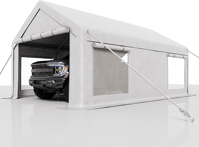 12 x 20FT Heavy Duty Carport with Roll-Up Windows, Portable Garage with Removable Sidewalls & Doors, Portable Car Tent Garage with Roll-Up Windows and All-Season Tarp, for Car, Truck,