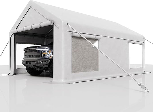 12 x 20FT Heavy Duty Carport with Roll-Up Windows, Portable Garage with Removable Sidewalls & Doors, Portable Car Tent Garage with Roll-Up Windows and All-Season Tarp, for Car, Truck,