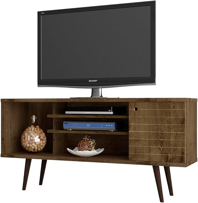 Manhattan Comfort Liberty Collection Mid Century Modern TV Stand With One Cabinet and Three Open Shelves and One Cubby With Splayed Legs, Wood, Rustic Brown, Small (200AMC9)