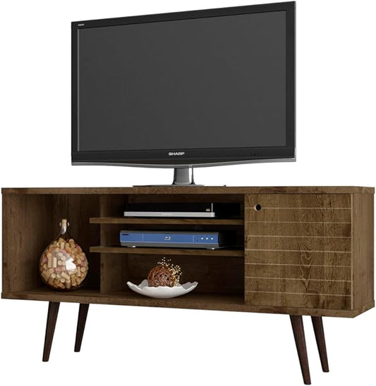 Manhattan Comfort Liberty Collection Mid Century Modern TV Stand With One Cabinet and Three Open Shelves and One Cubby With Splayed Legs, Wood, Rustic Brown, Small (200AMC9)