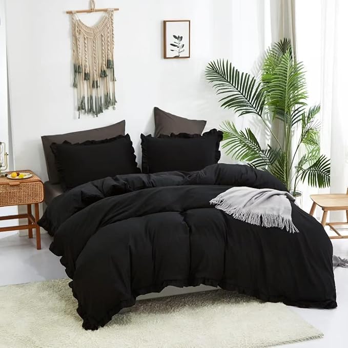 CLOTHKNOW Black Ruffles California King Comforter Set Farmhouse Bedding Comforter Sets Boho Comforter Shabby Chic Comforter with 2 x Pillow Cases