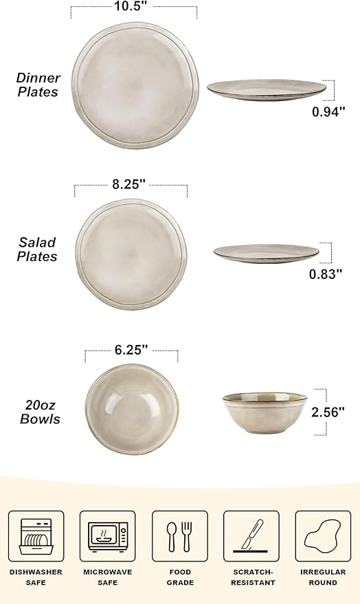 Famiware Aegean Dinnerware Set for 4, Plates and Bowls Sets, 12-Piece Stoneware Scratch Resistant Dinner Set, Handmade Irregular Round Dishes, Microwave and Dishwasher Safe, Sand Beige