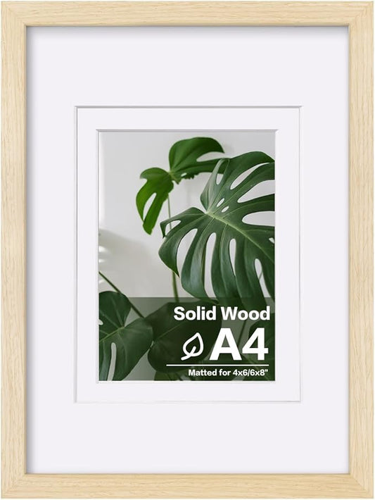 Egofine A4 Picture Frame Made of Solid Wood with Plexiglass, Display Pictures 4x6/6x8 with Mat or A4 Without Mat for Tabletop and Wall Mounting, Oak Wood